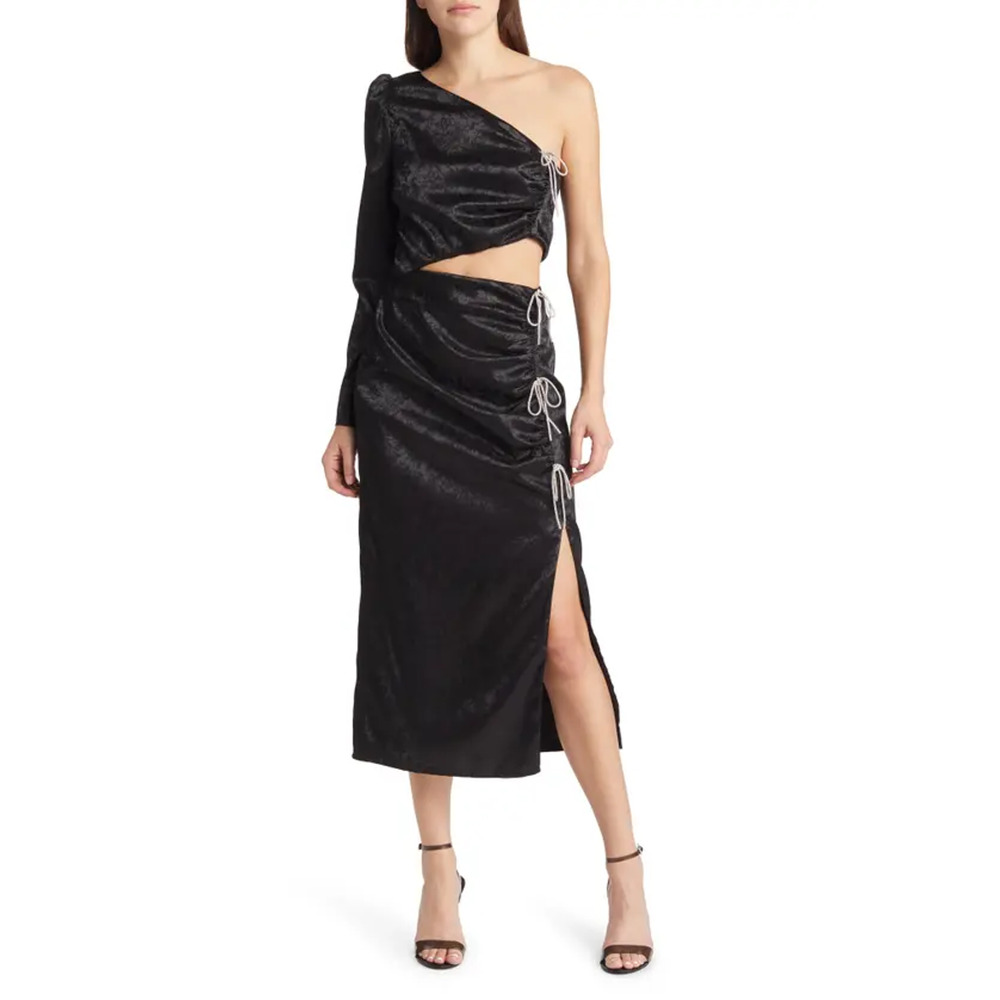 NWT WAYF Ella Floral Jacquard Cutout Crystal Bow One-Shoulder Midi Dress Black S